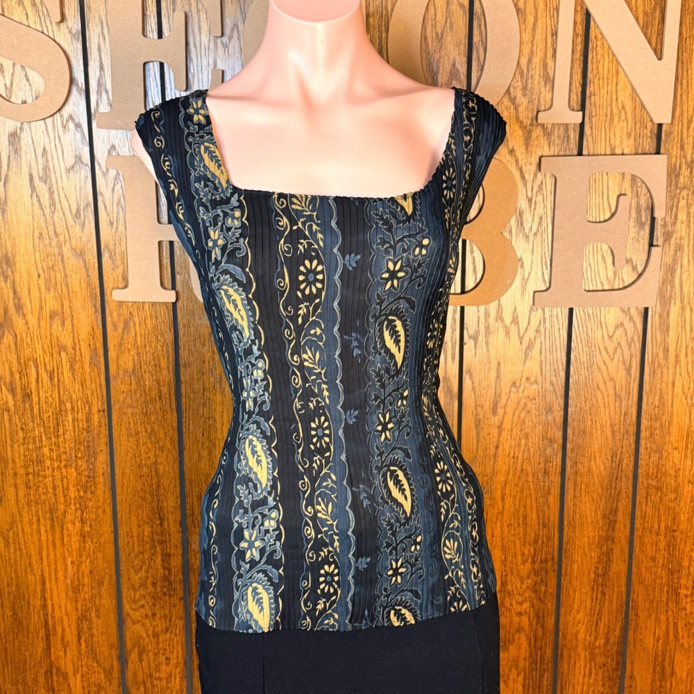 VIntage Y2K Pleated Paisley Blouse Women 2X Blue Gold Square Neck Top Whimsigoth
